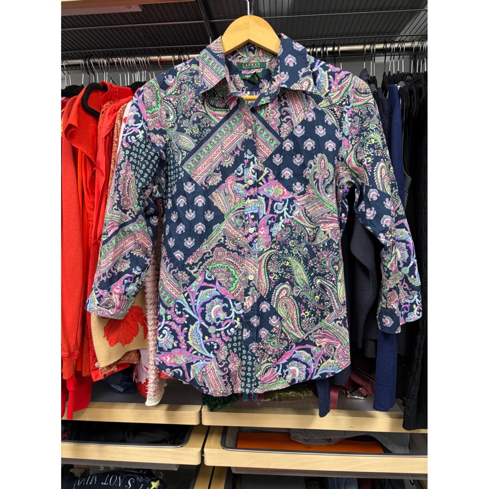 Lauren Ralph Lauren Navy Paisley Patchwork 3/4 Sleeve Shirt Womens Medium